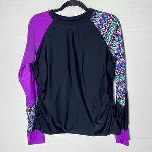 Black Purple W Geometric Print Long Sleeve Swim Top Rash Guard Tankini Top 2XL
